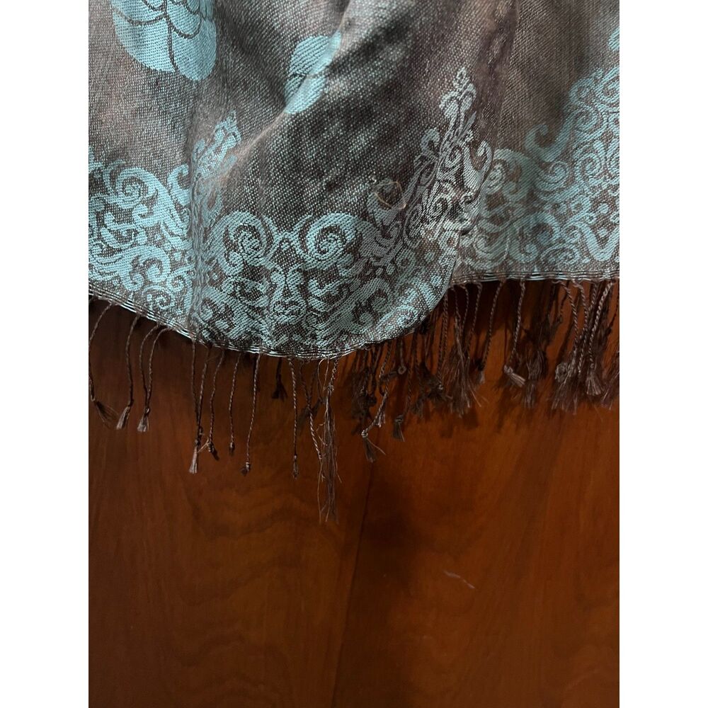 100% Cashmere Blue Rectangle Fringe Scarf Shawl Brown Floral Garden Reversible